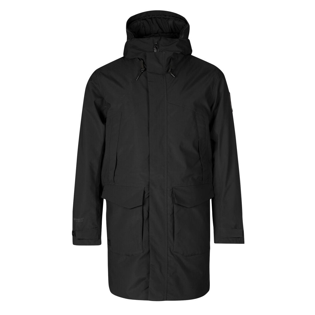 The Halti Bergga Mens DrymaxX Winter Jacket is a long black parka with front flap pockets and zipper closure.