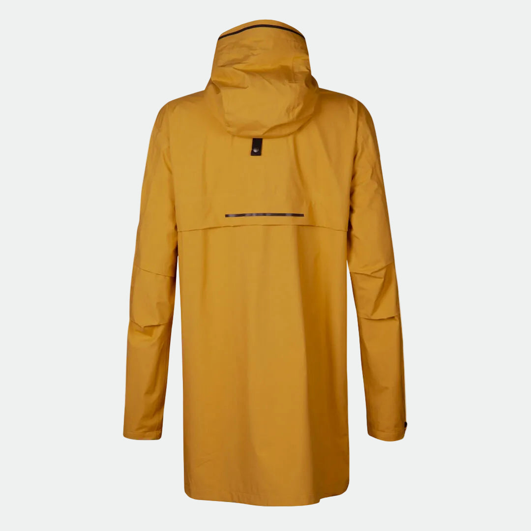 Halti Kurvi DX 3L Parka Jacket Men’s in yellow, shown from the back with hood, vent, and long sleeves on plain background.