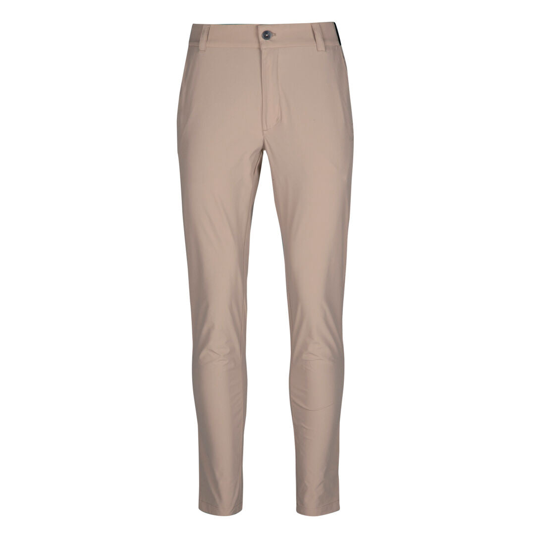 Halti Drive Womens X-stretch Chinos in beige, slim-fit, recycled fabric, with button and zipper on white background.