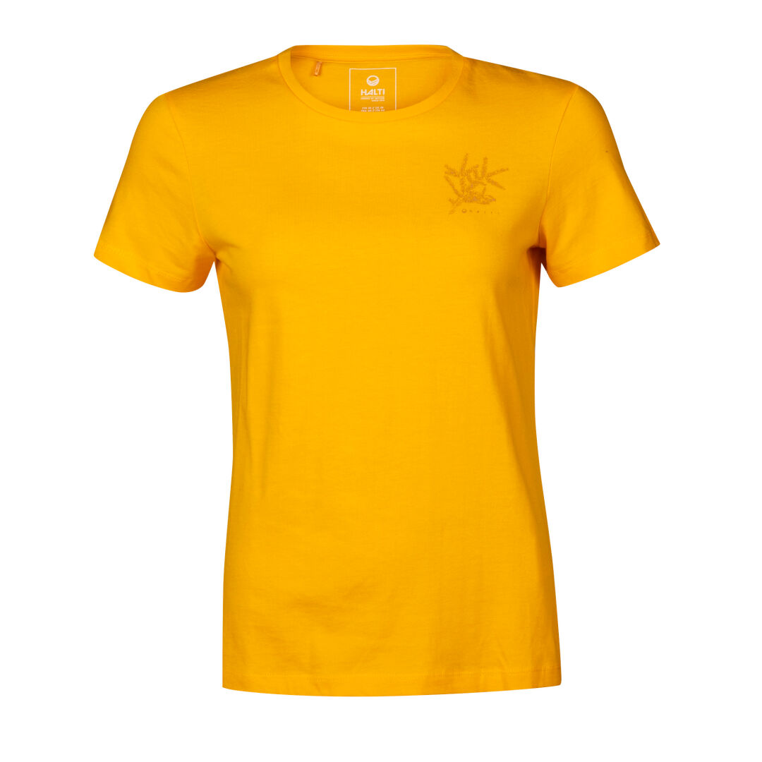 Halti Matka T-shirt Womens, plain yellow, made in Europe, with a small logo on the left chest.