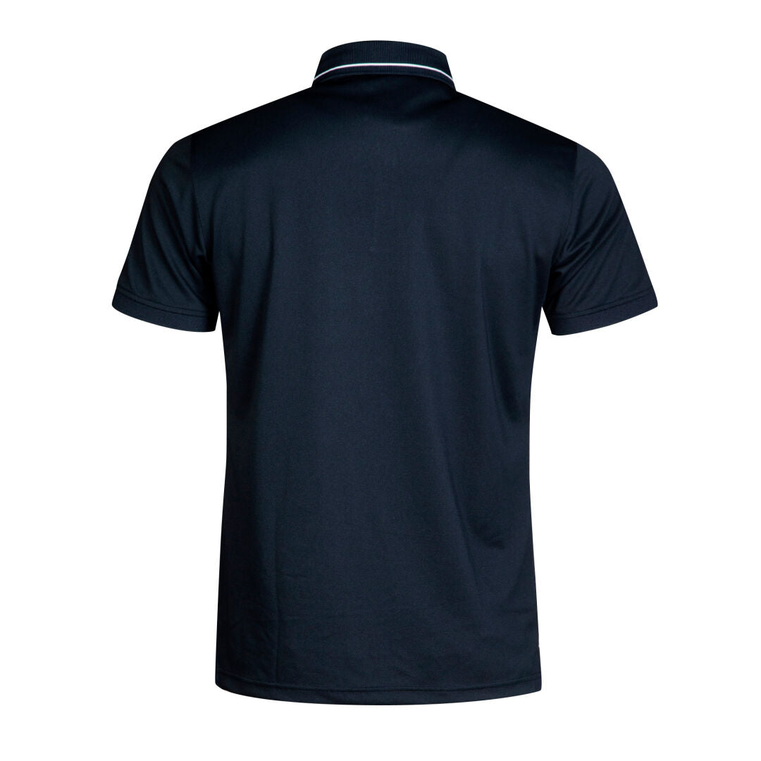 The Halti Laine Technical Polo Shirt Men's, dark navy, short-sleeved, shown from the back in breathable fabric.
