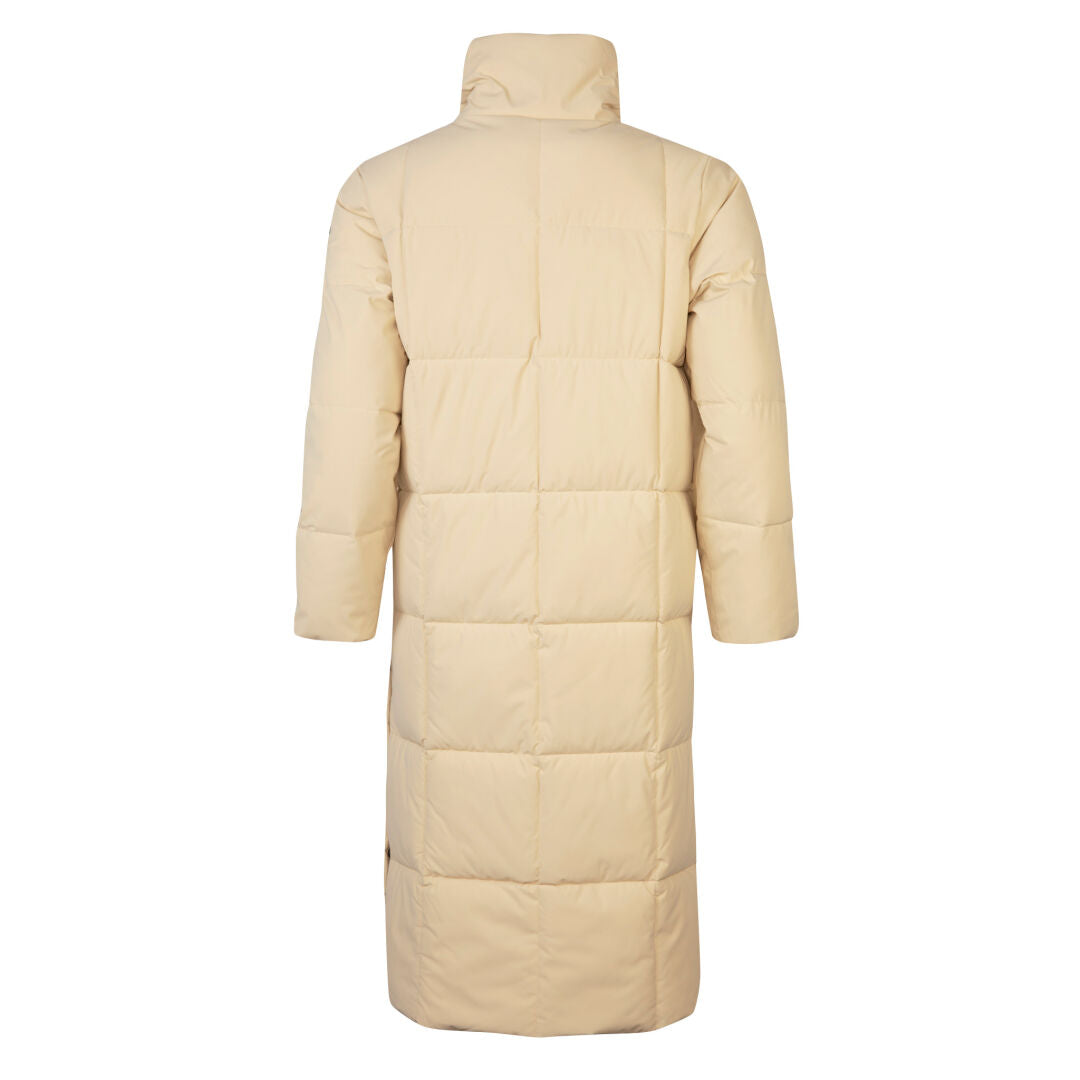 Halti Penger Winter Jacket Womens in beige, long style, high collar and horizontal stitching shown from the back.