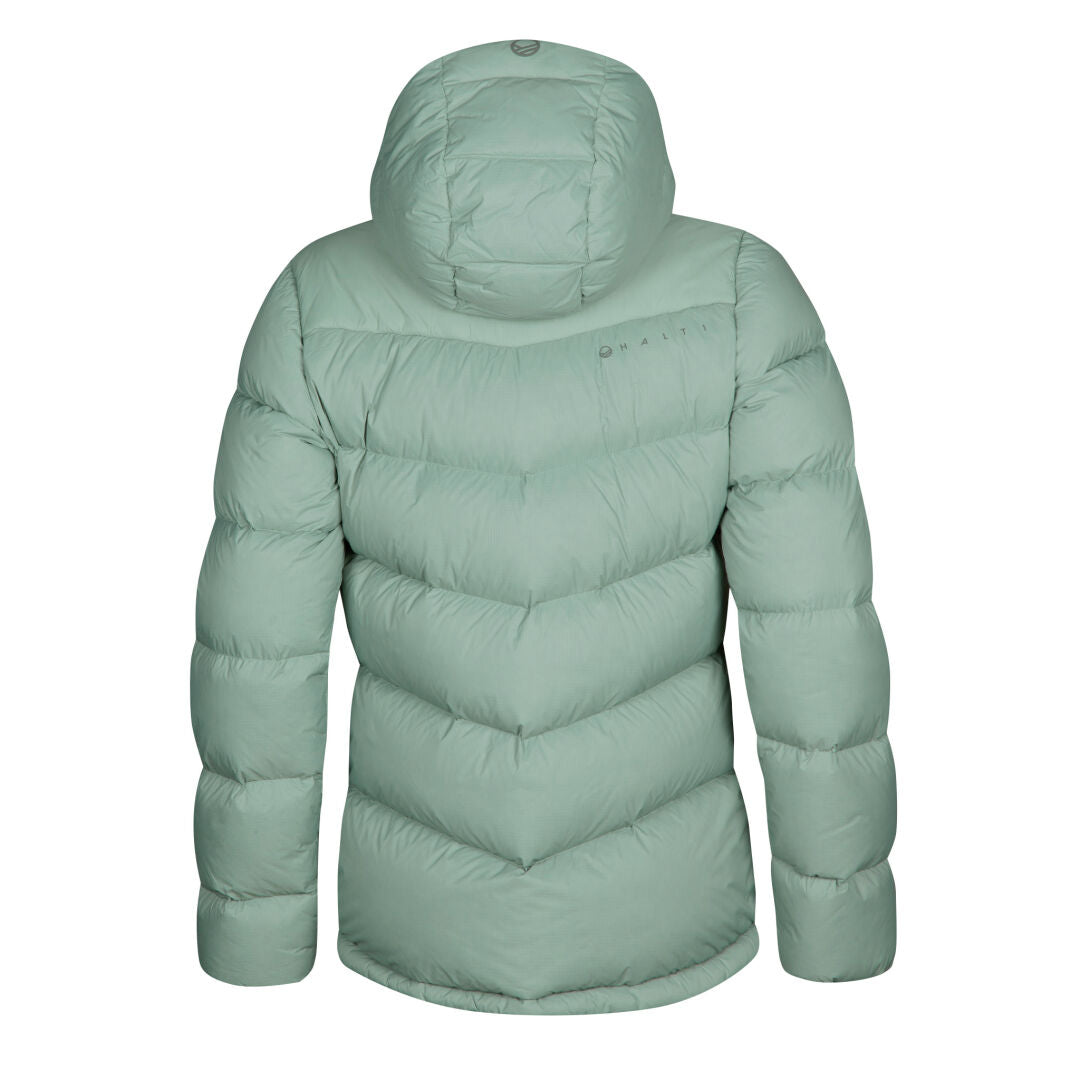 Halti Versant Down Jacket Womens in light green, hooded, shown from the back—ideal for outdoor activities.