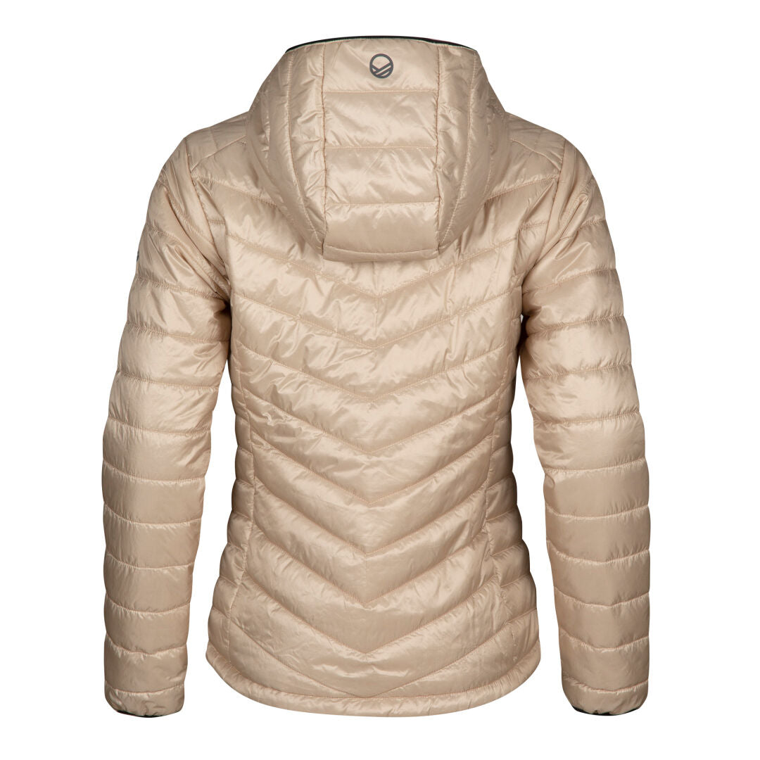 Back view of a beige Halti Element Thermal Jacket Womens with horizontal stitching and hood, on a white background.