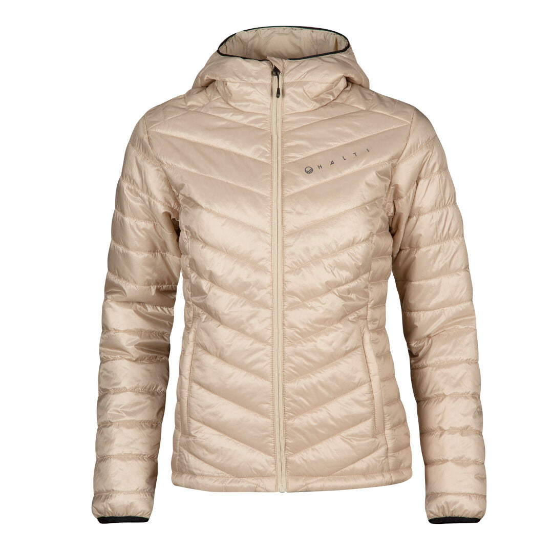 Halti Element Thermal Jacket Womens: beige, quilted, Microtherm® Dynamic fill, front zip, subtle chest logo.