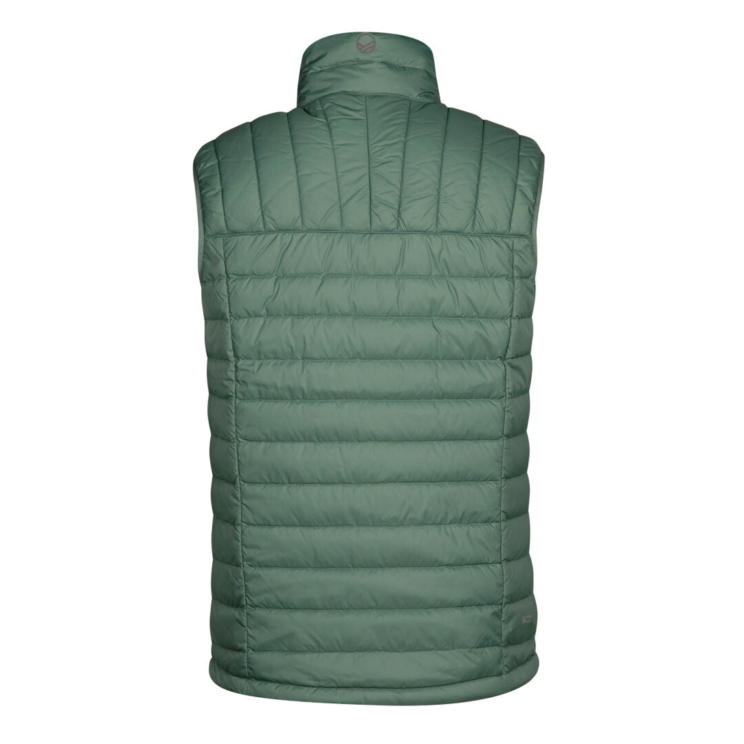 The Halti Evolve Lite Down Vest Mens, green and water-resistant, is shown from the back on a white background.