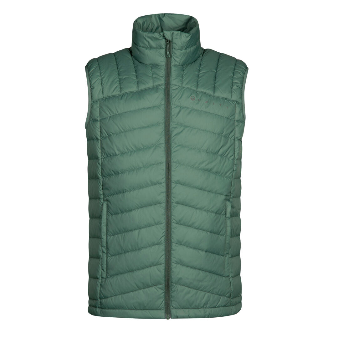 Halti Evolve Lite Down Vest Mens: green, sleeveless, high collar, water-resistant, made from recycled materials.