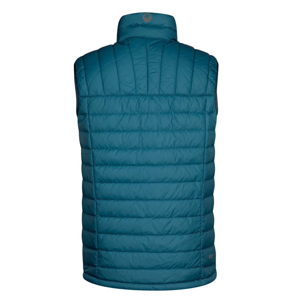 The Halti Evolve Lite Down Vest Mens in teal features horizontal quilting, a high collar, and a lightweight design.