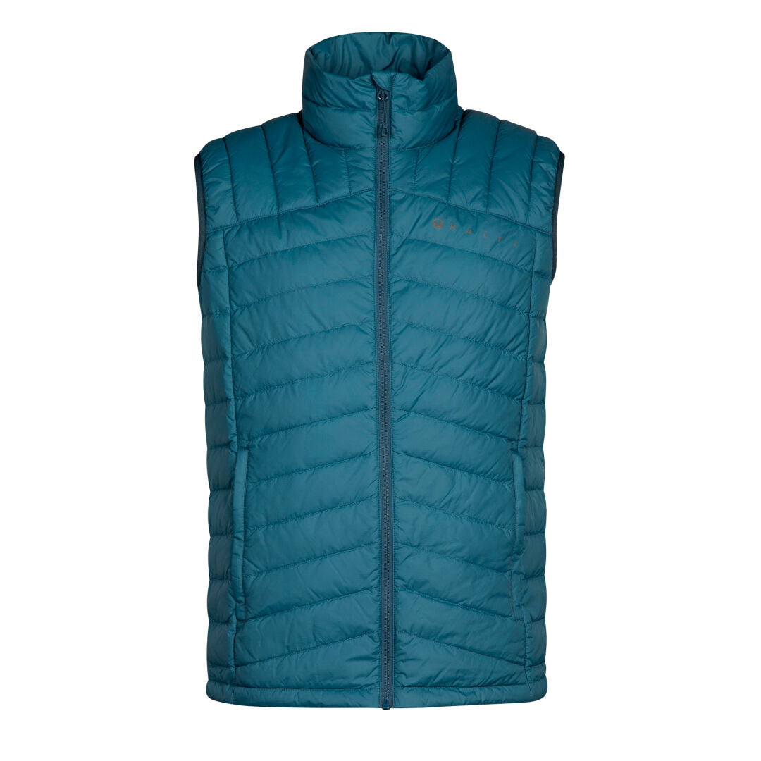 Halti Evolve Lite Down Vest Mens—teal blue, lightweight, high collar, zip front, recycled materials; shown on white.