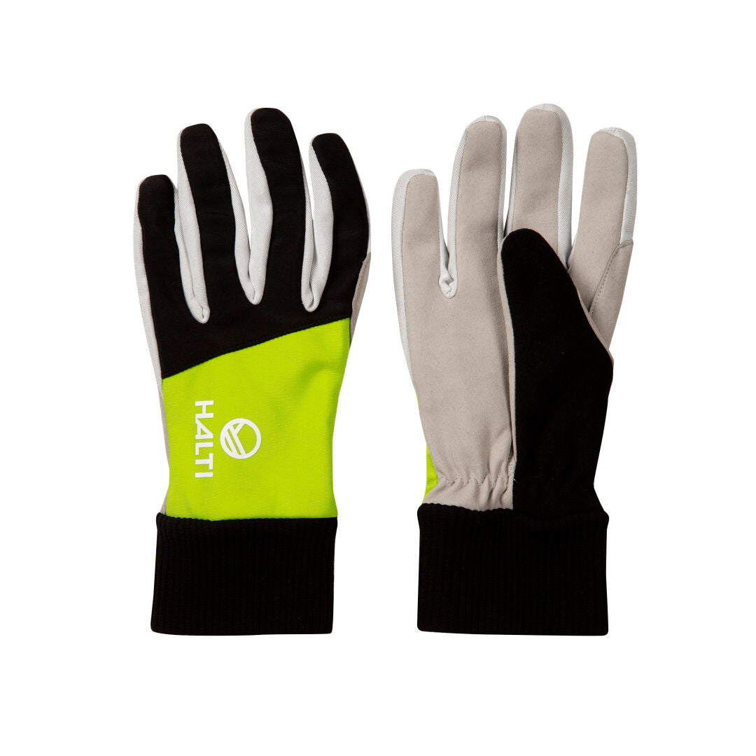 A pair of Halti XC Touring Cross Country Ski Gloves in black, gray & neon yellow, shown palm up and down on white.