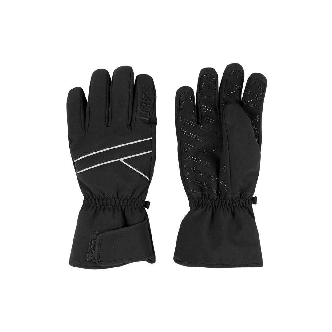 Halti Rosso Ski Gloves in black with reflective stripes, elastic wrists, and Velcro closure shown palm up and down.