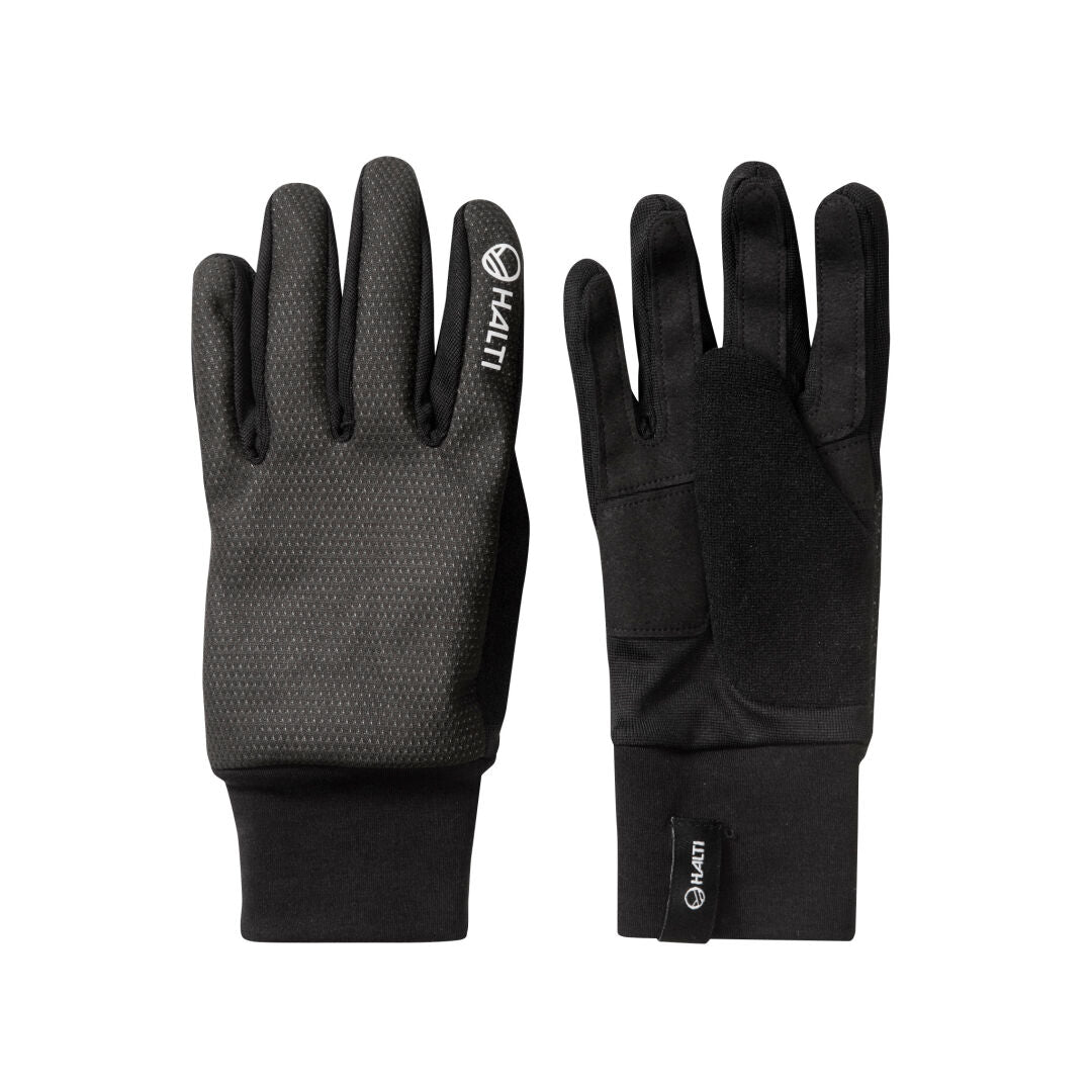 A pair of black Halti Treeni Gloves is displayed on a white background, emphasizing their unisex sizing.
