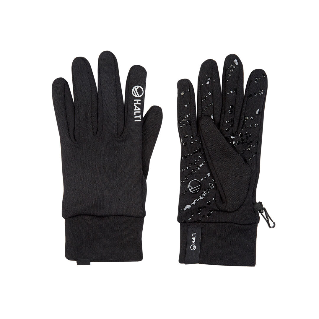 Halti Kunnar Recy Gloves: black multipurpose gloves with grip dots and breathable material, feature brand logos.