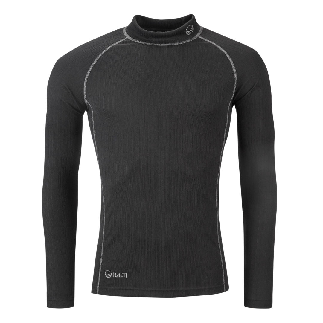 Halti Avion Men's Base Layer Set: black long-sleeve with grey stitching, small logo, moisture-wicking fabric.