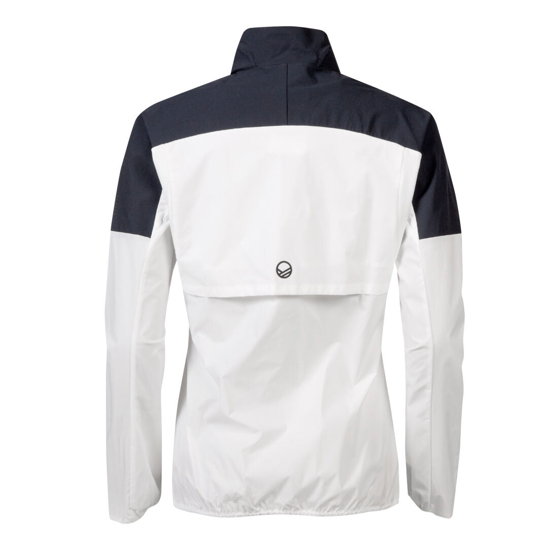 Back view of Halti Urbanite Training Jacket Women's: black shoulders, lightweight, wind & water resistant, logo at mid-back.
