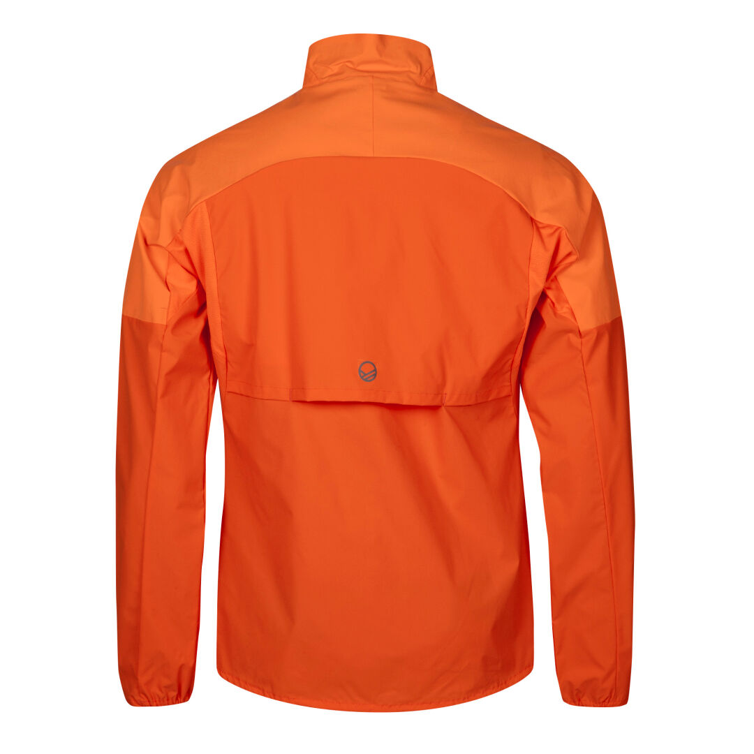 Back view of Halti Urbanite Mens orange training jacket with high collar, vent flap; wind and water resistant.