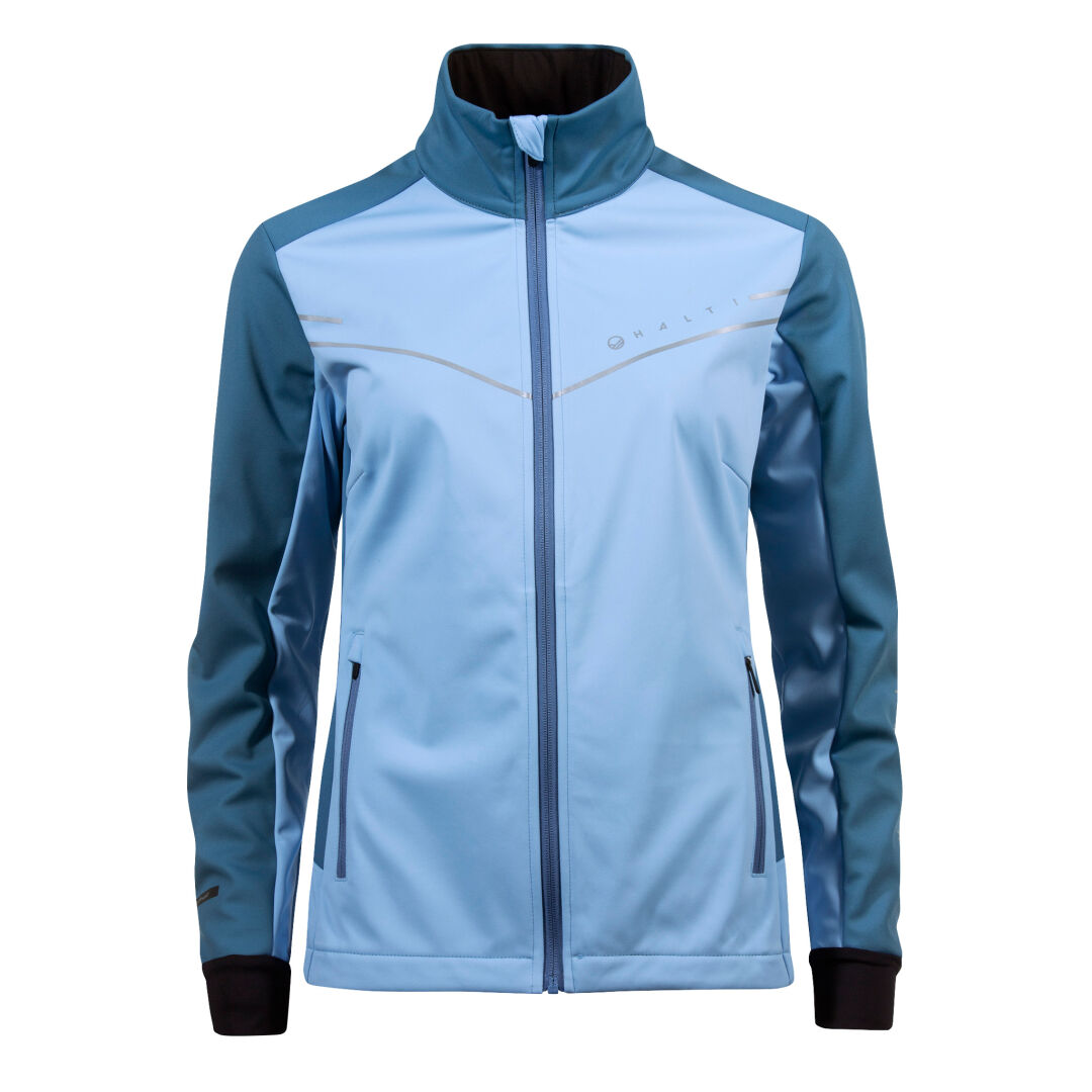 Halti Vire Plus Womens XCT Softshell Set: light blue jacket with dark blue sleeves, windproof and breathable.
