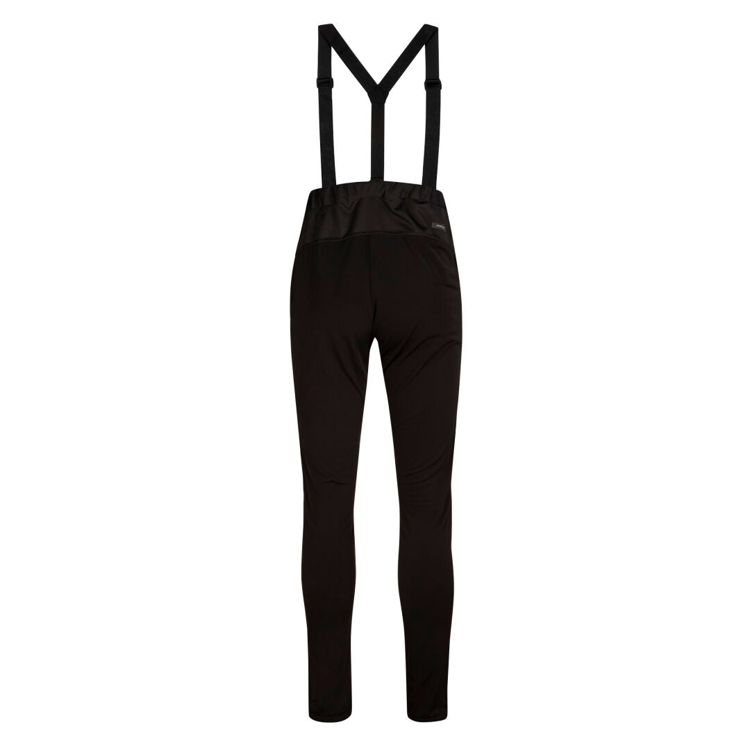 Halti Olas Plus Womens XCT black softshell pants with suspenders, windproof and breathable, shown from the back.