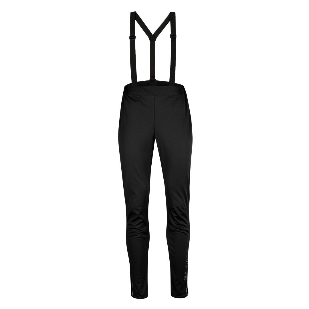 Halti Olas Plus Womens XCT Pants—windproof, breathable softshell with suspenders, shown from the front on white.