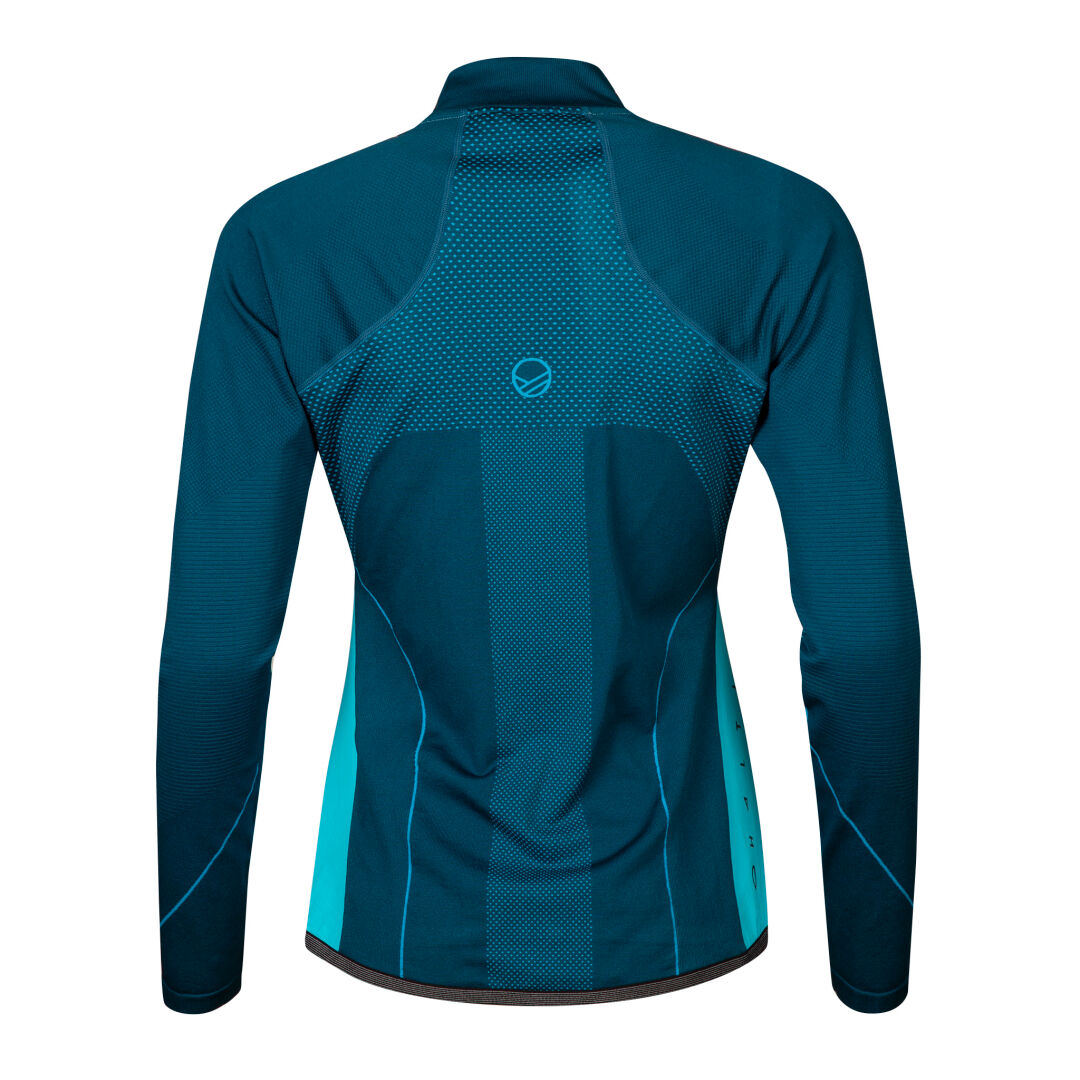 The Halti Tracks Womens Seamless Jacket, shown from the back, is teal/turquoise with mesh panels and fitted seams.