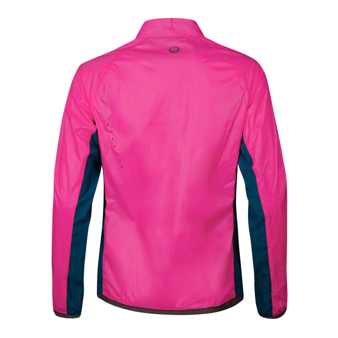 The Halti Control Womens Windbreaker Jacket in bright pink with teal sides and reflective details, back view on white.