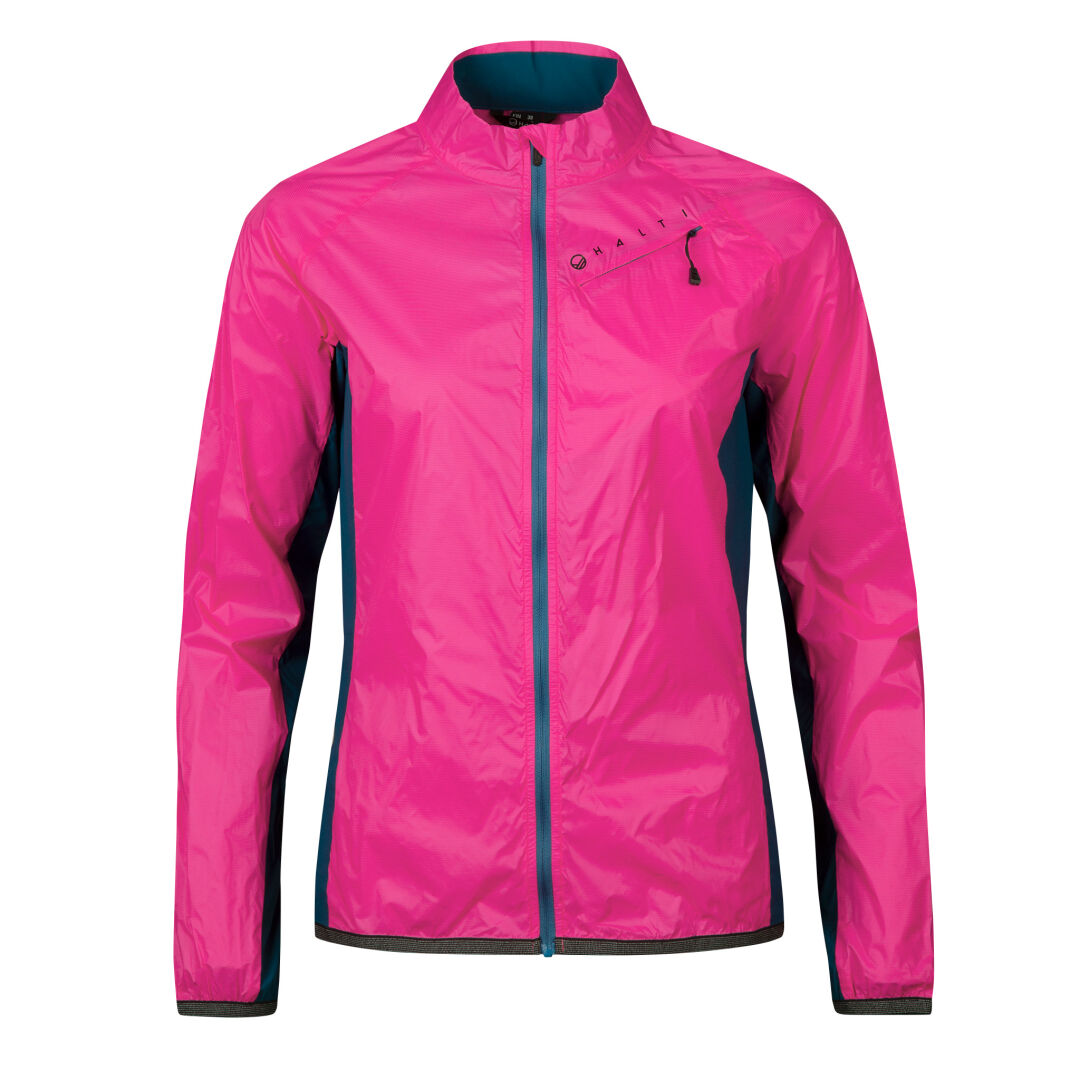The Halti Control Womens Windbreaker Jacket is bright pink with blue accents, long sleeves, and subtle reflective details.