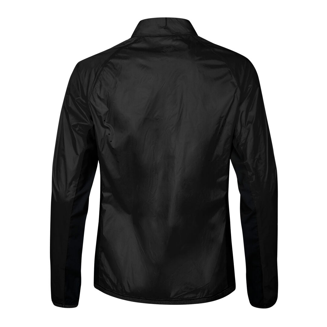 The Halti Control Womens Windbreaker Jacket in black is shown from the back with reflective details on a white background.