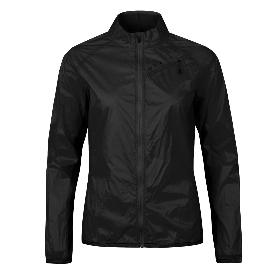 Halti Control Womens Windbreaker Jacket in black with graphene taffeta and zip pocket shown on white background.