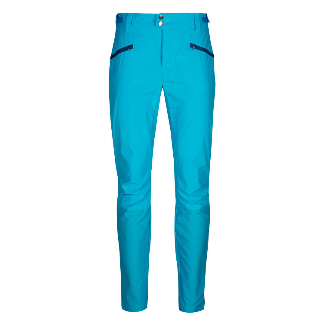 Halti Tracks X-stretch Women's Pants: bright blue, slim-fit, breathable, zippered pockets, belt loops, button closure.