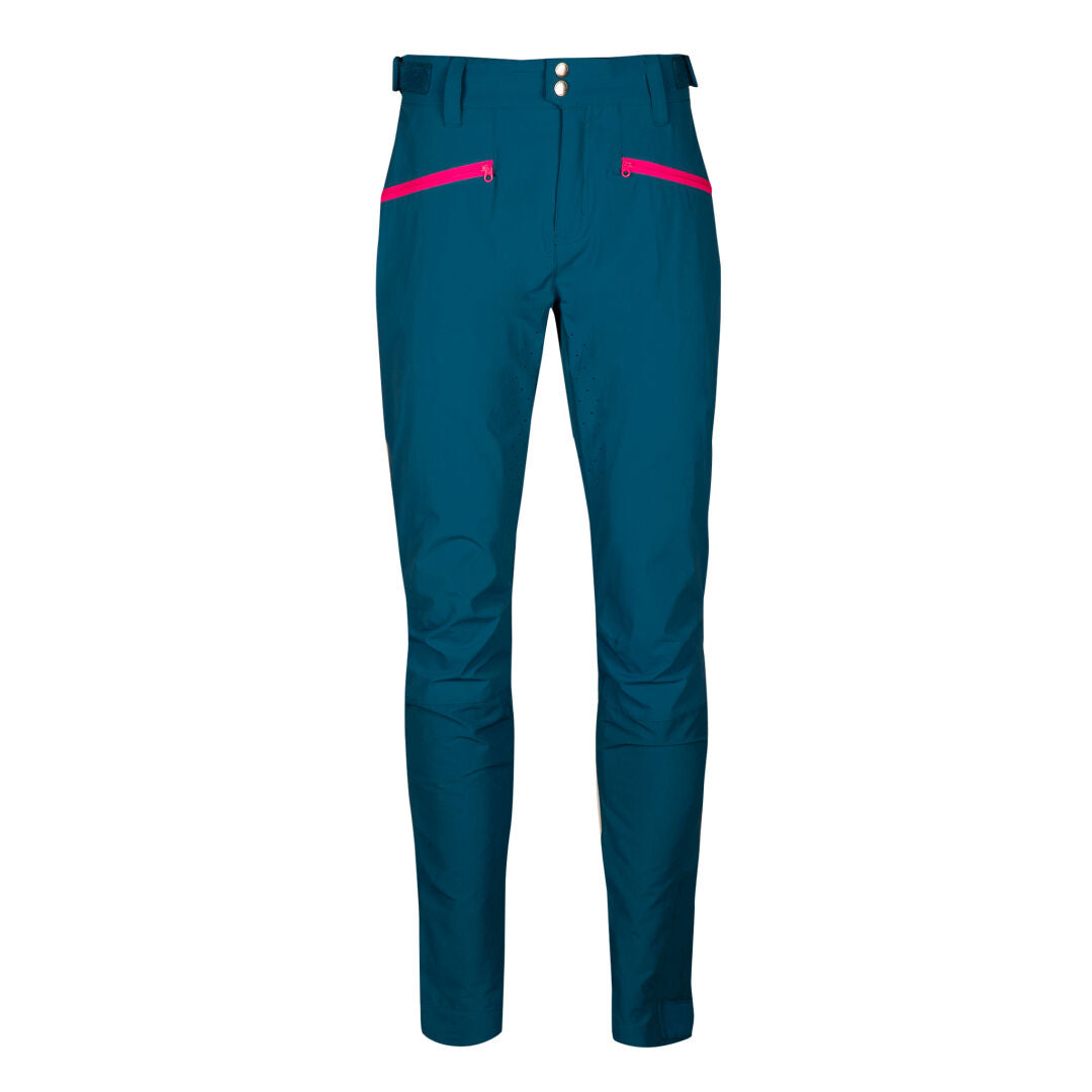 Halti Tracks X-stretch Pants Women's—blue, straight-leg, pink-zip pockets, belt loops, on white background.