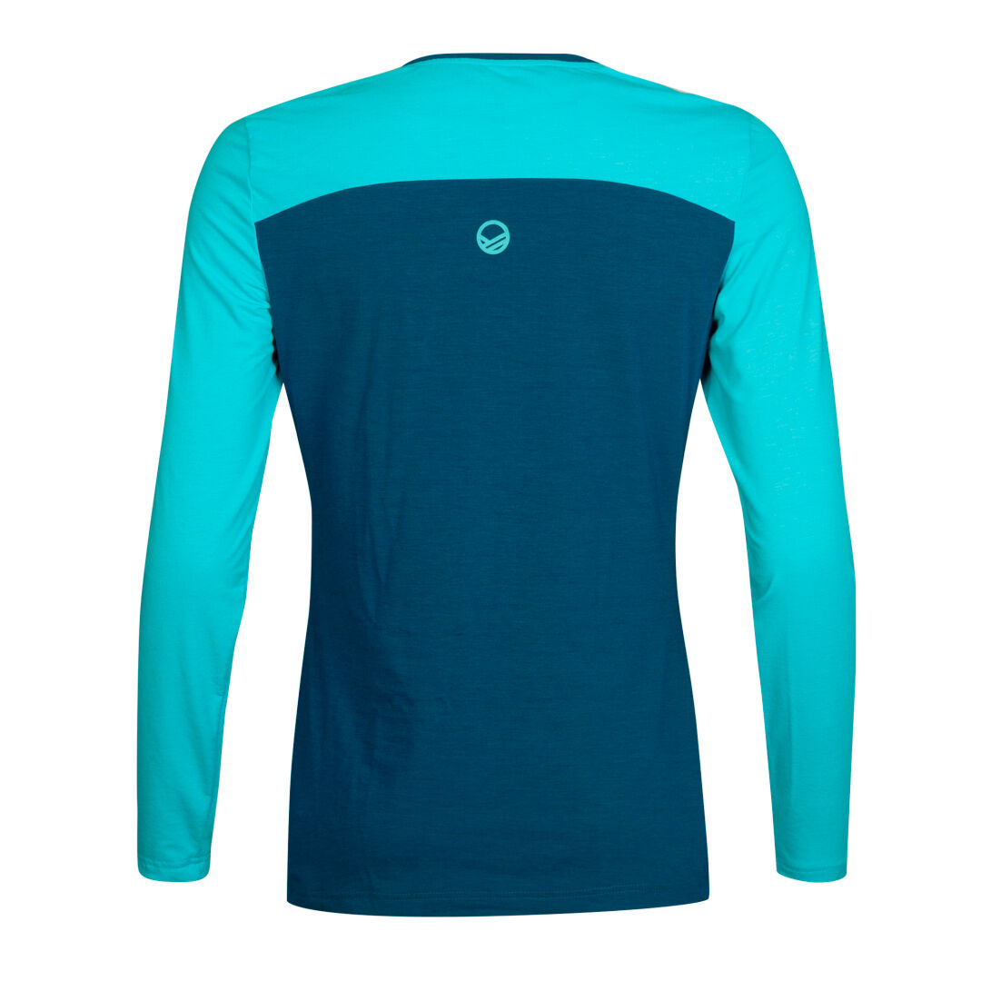 Halti Core Womens Shirt: moisture-wicking, long-sleeve with dark blue back and light blue sleeves, shown from the back.