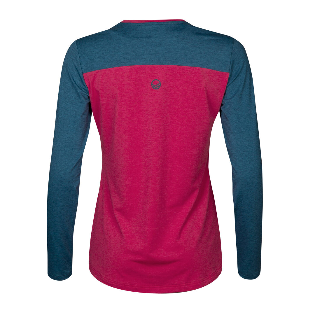 Back view of Halti Core Womens Shirt: lightweight, moisture-wicking, recycled fiber; blue sleeves, pink torso.