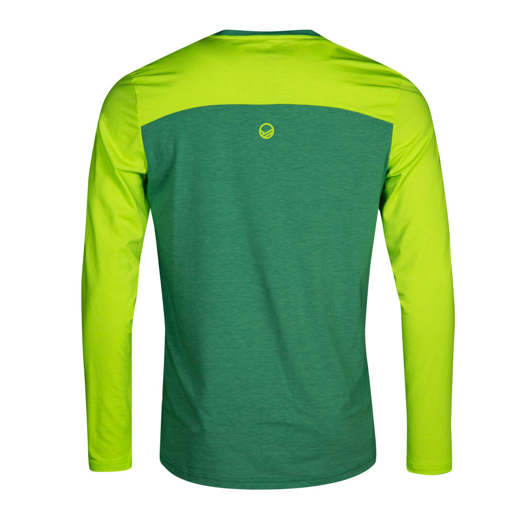 The Halti Core Mens Shirt is lightweight with light green sleeves and upper back, dark green body, seen from the back.
