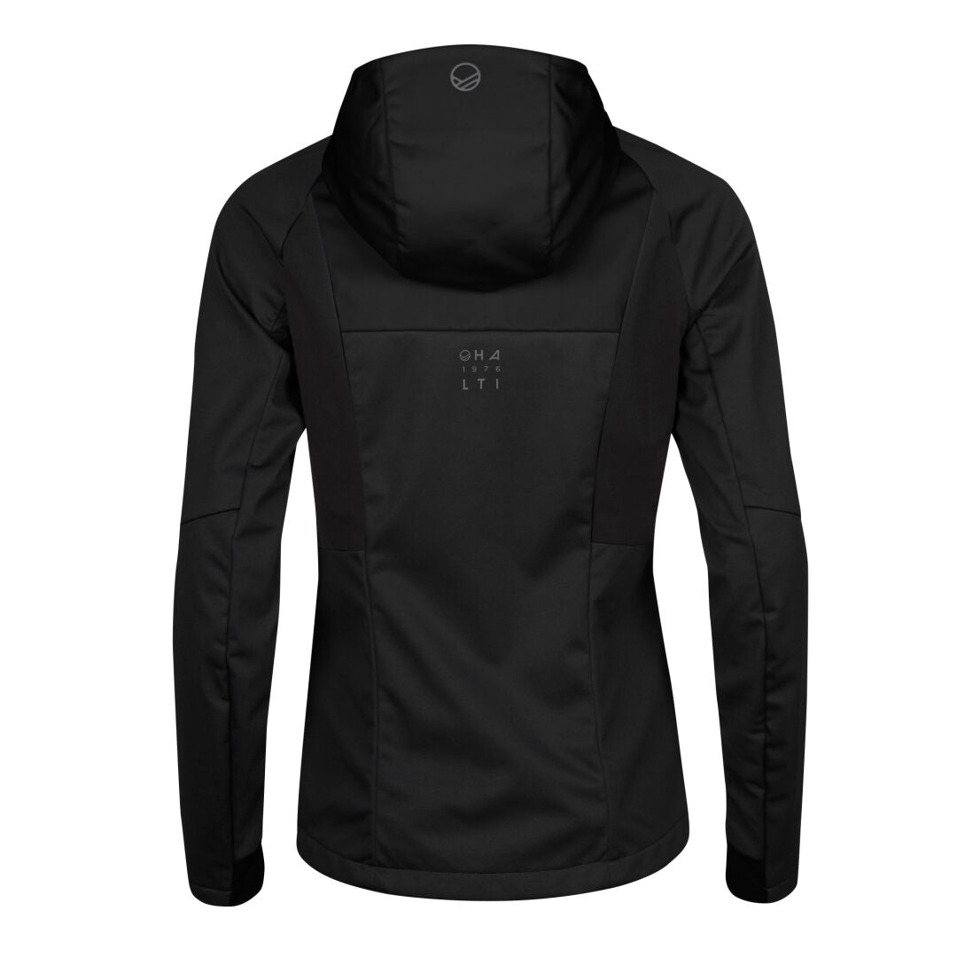The Halti Isku III Womens XCT Jacket is shown from the back in black, with subtle text and logo on hood and upper back.