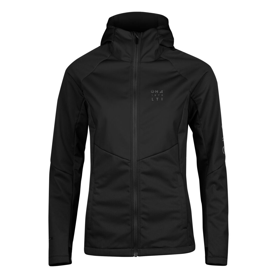 The Halti Isku III Womens XCT Jacket is a black, hooded, zip-up recycled polyester jacket shown on a white background.