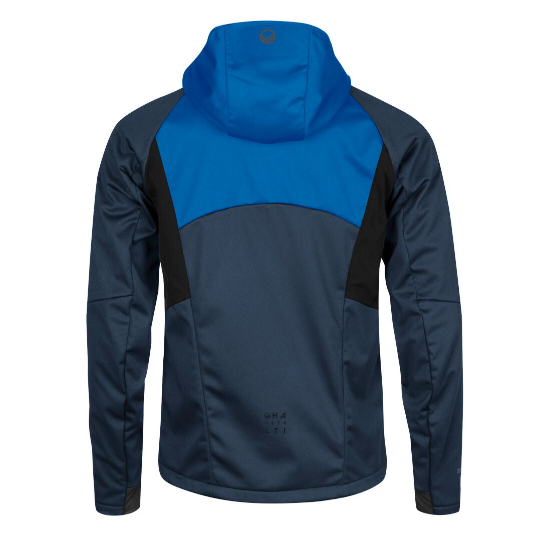 The Halti Isku III Mens XCT Jacket in blue/dark gray features black side panels, long sleeves, and a hooded back.