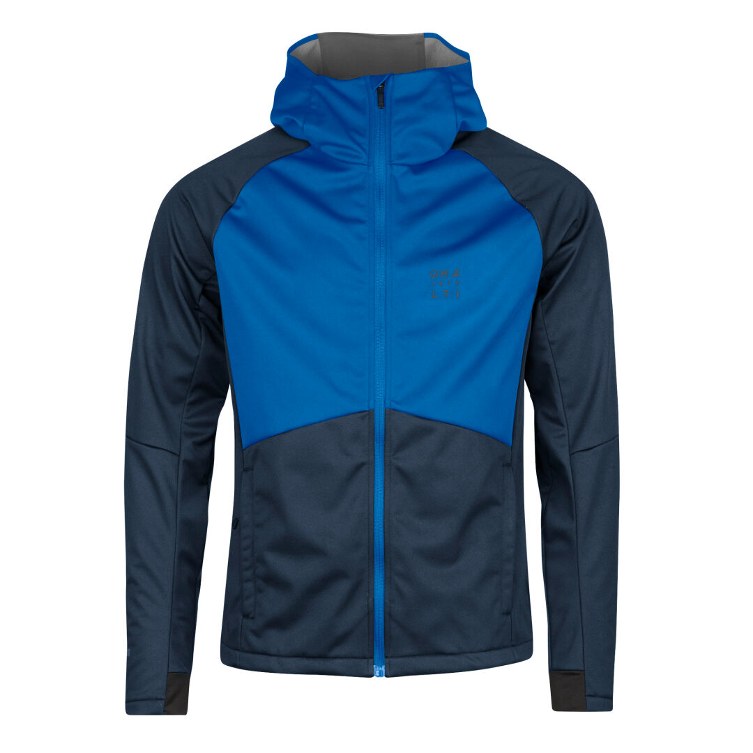 Front view of Halti Isku III Mens XCT windproof blue and navy hooded jacket with full zip, ideal for cross-country skiing.