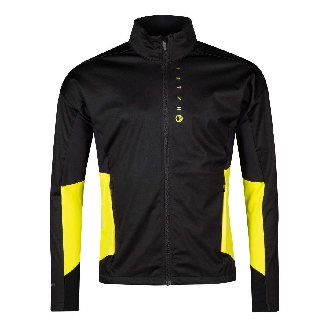 The Halti Veloce XCT Jacket Mens is a black, breathable zip-up with yellow accents for cross-country skiing.