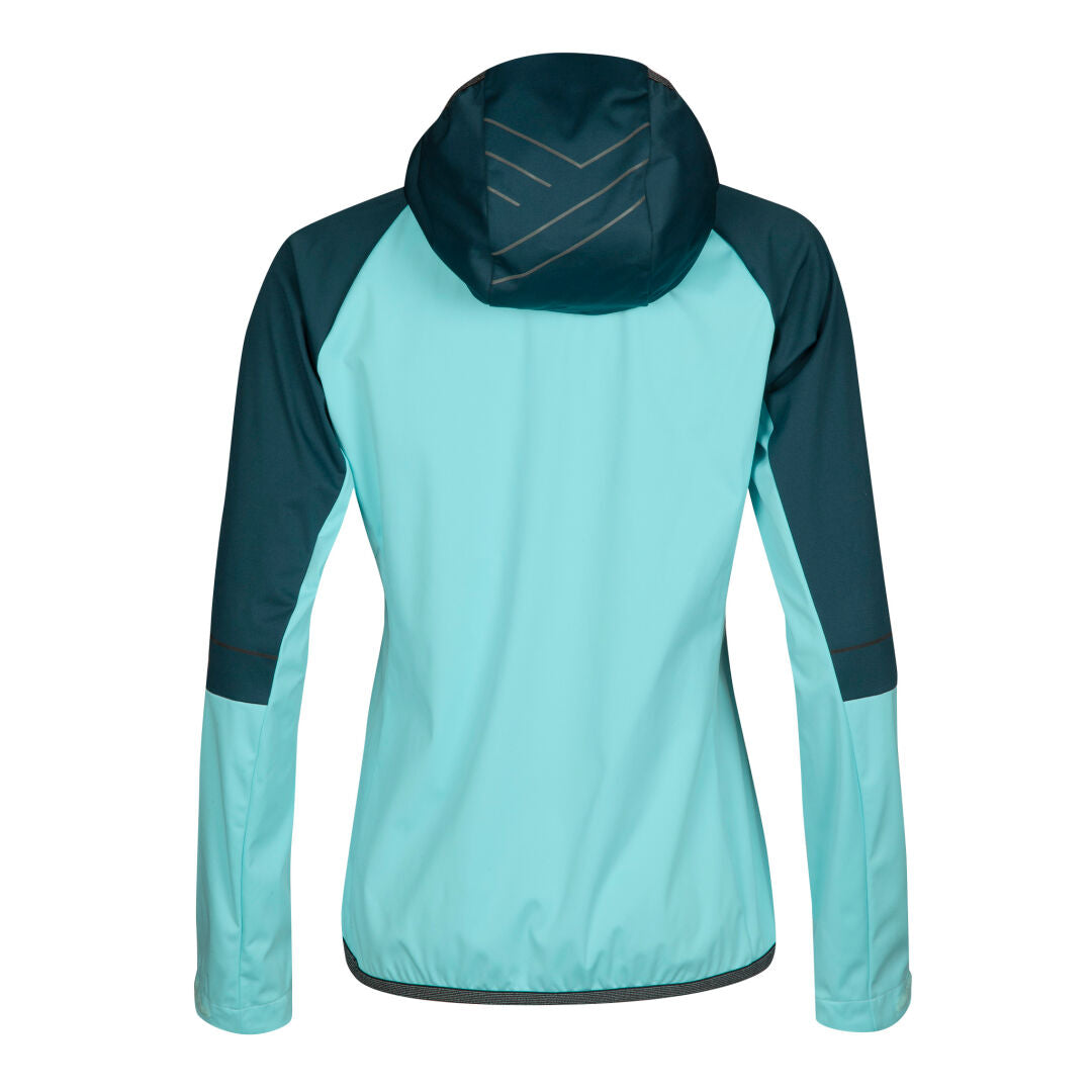 A two-tone blue Halti Exhale Stormwall Jacket Womens is shown from the back, with dark sleeves and recycled polyester.
