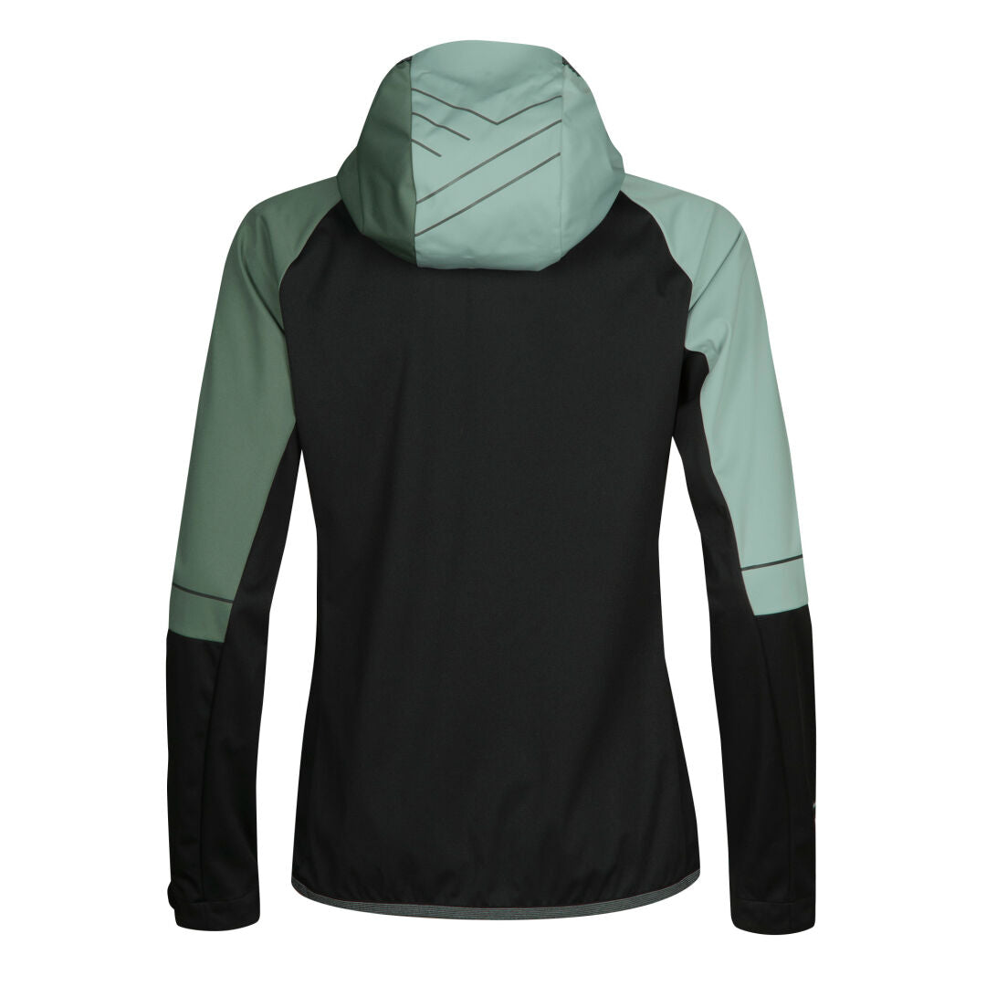 Halti Exhale Stormwall Jacket Womens in two-tone, hooded, recycled polyester, shown from the back.