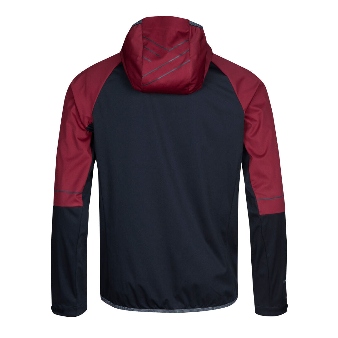 Halti Exhale Stormwall Jacket Mens in black/burgundy, shown from the back with reflective hood and sleeve details.