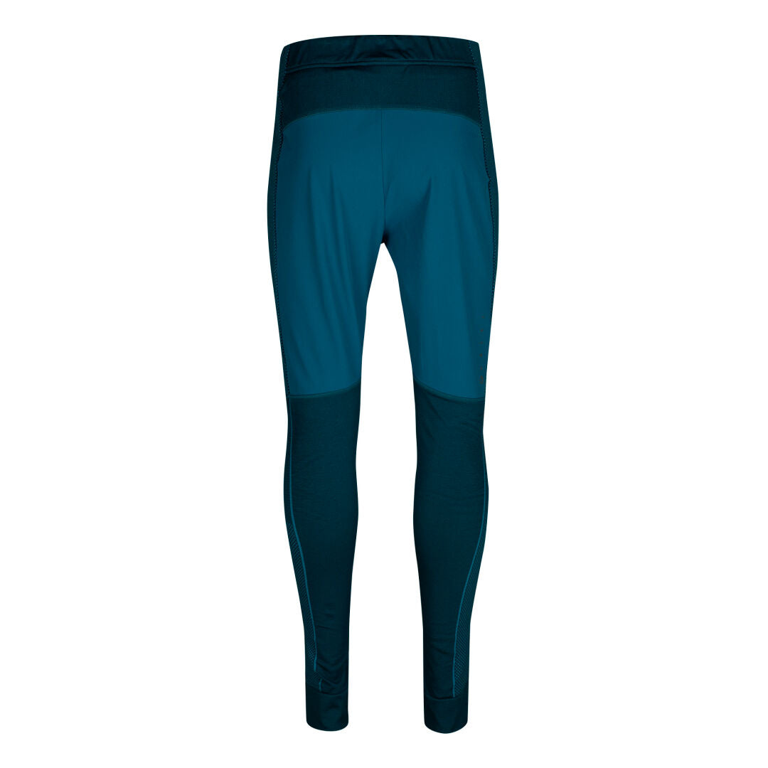 Back view of Halti Tracks Seamless Tights Women's in teal and dark blue, with elastic waist, wind and water resistant.