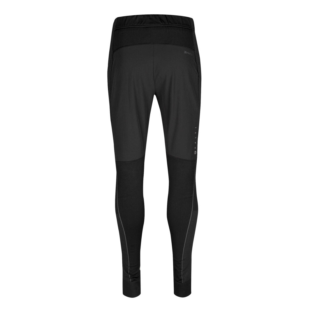 Halti Tracks Seamless Tights Women's: black, wind/water resistant, subtle leg reflectives, back view shown.