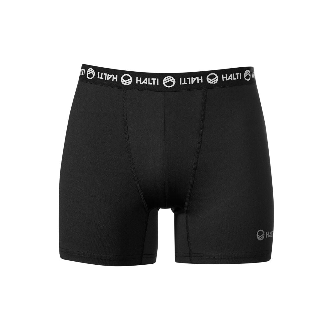 Halti Mens 2-pack black technical boxers with moisture control, logo waistband, and left-leg logo on white background.