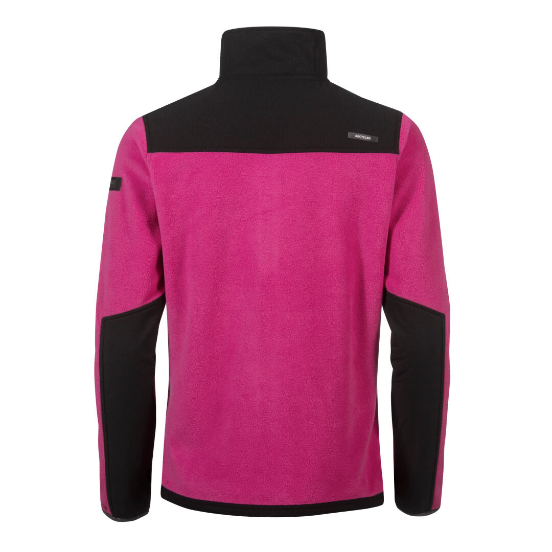 Back view of Halti Pioneering Fleece Jacket Women's in pink/black, ideal for outdoors, on a plain white background.