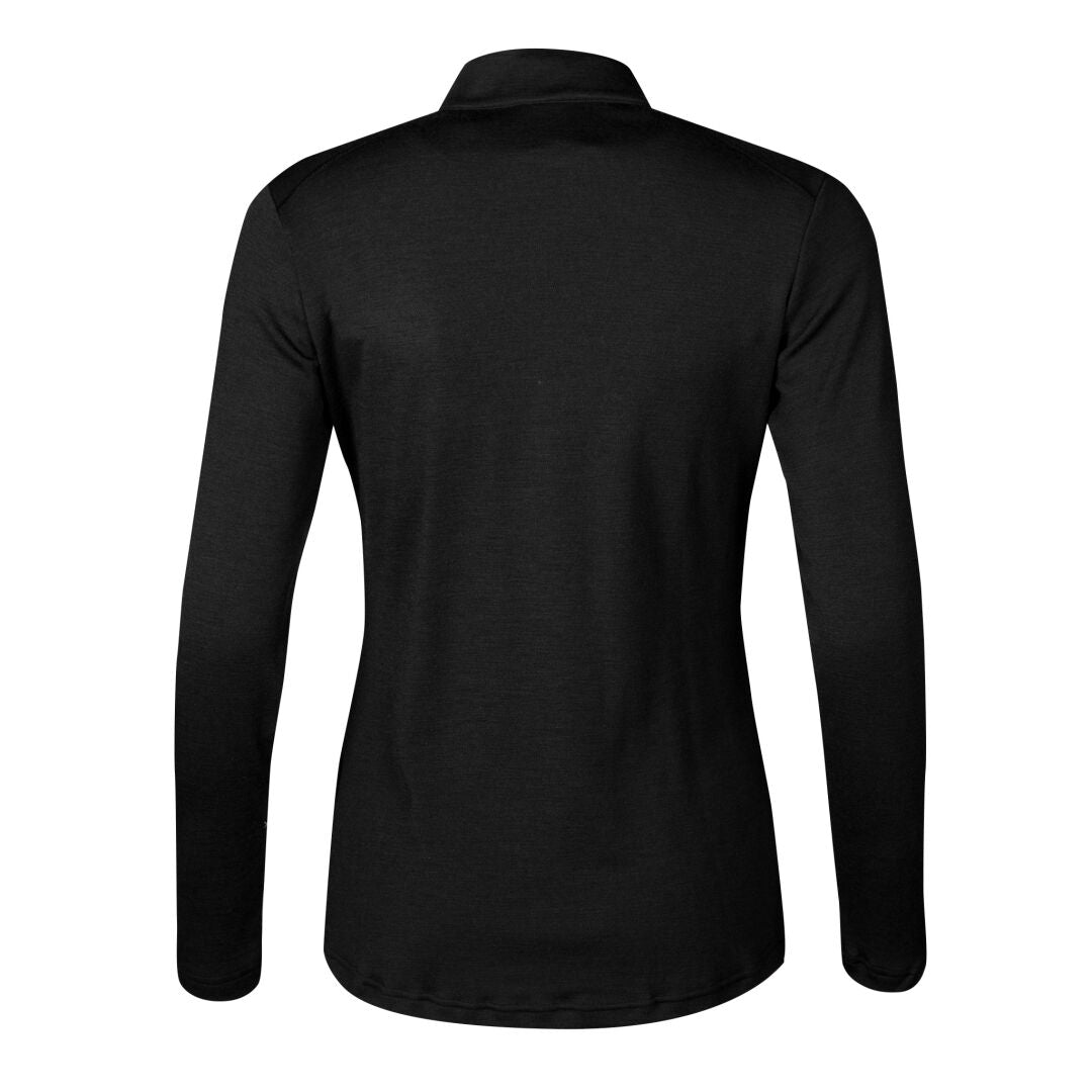 The Halti Woolforce Womens Merino Wool Shirt, black with long sleeves and collar, shown from the back on white background.