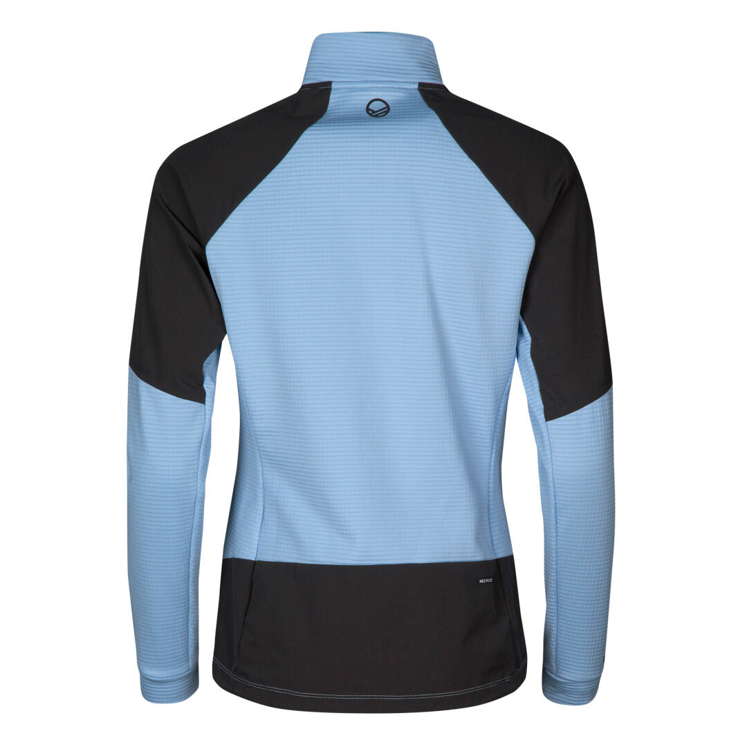 Halti Forerunner Womens Layer Jacket, light blue/black, recycled fabric, shown from the back on white.