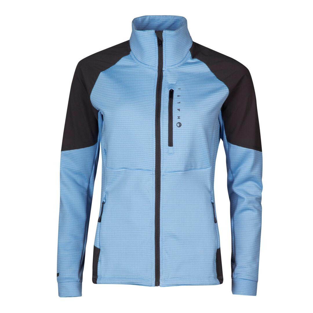 The Halti Forerunner Womens Layer Jacket in light blue with black panels offers lightweight warmth and two zippered pockets.