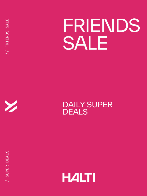 A pink promotional poster with white text reading FRIENDS SALE, DAILY SUPER DEALS, and HALTI along with FRIENDS SALE and SUPER DEALS on the sides.