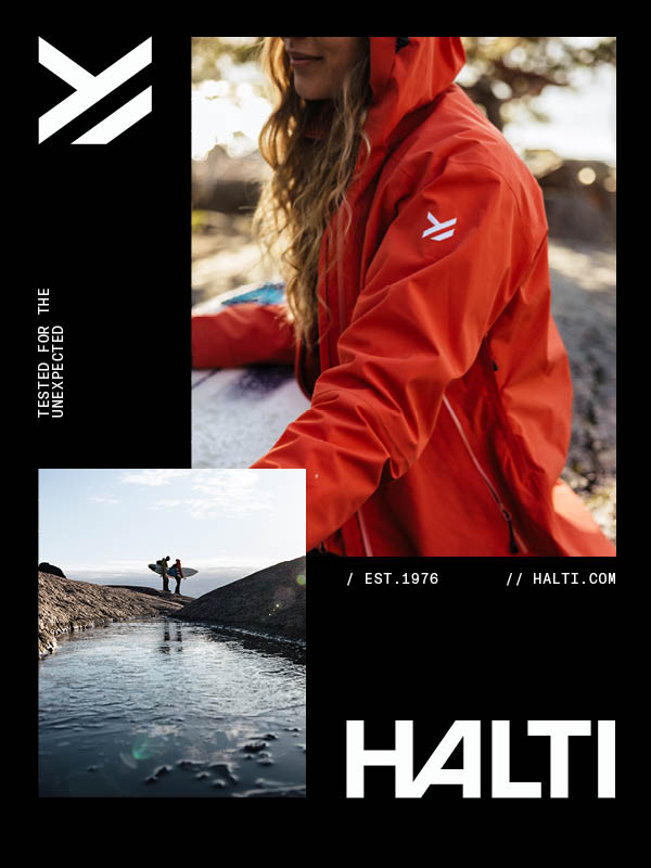 A person in an orange Halti jacket stands outdoors, holding a map. An inset photo shows two hikers walking along a rocky landscape near water. Halti logo and website are displayed.